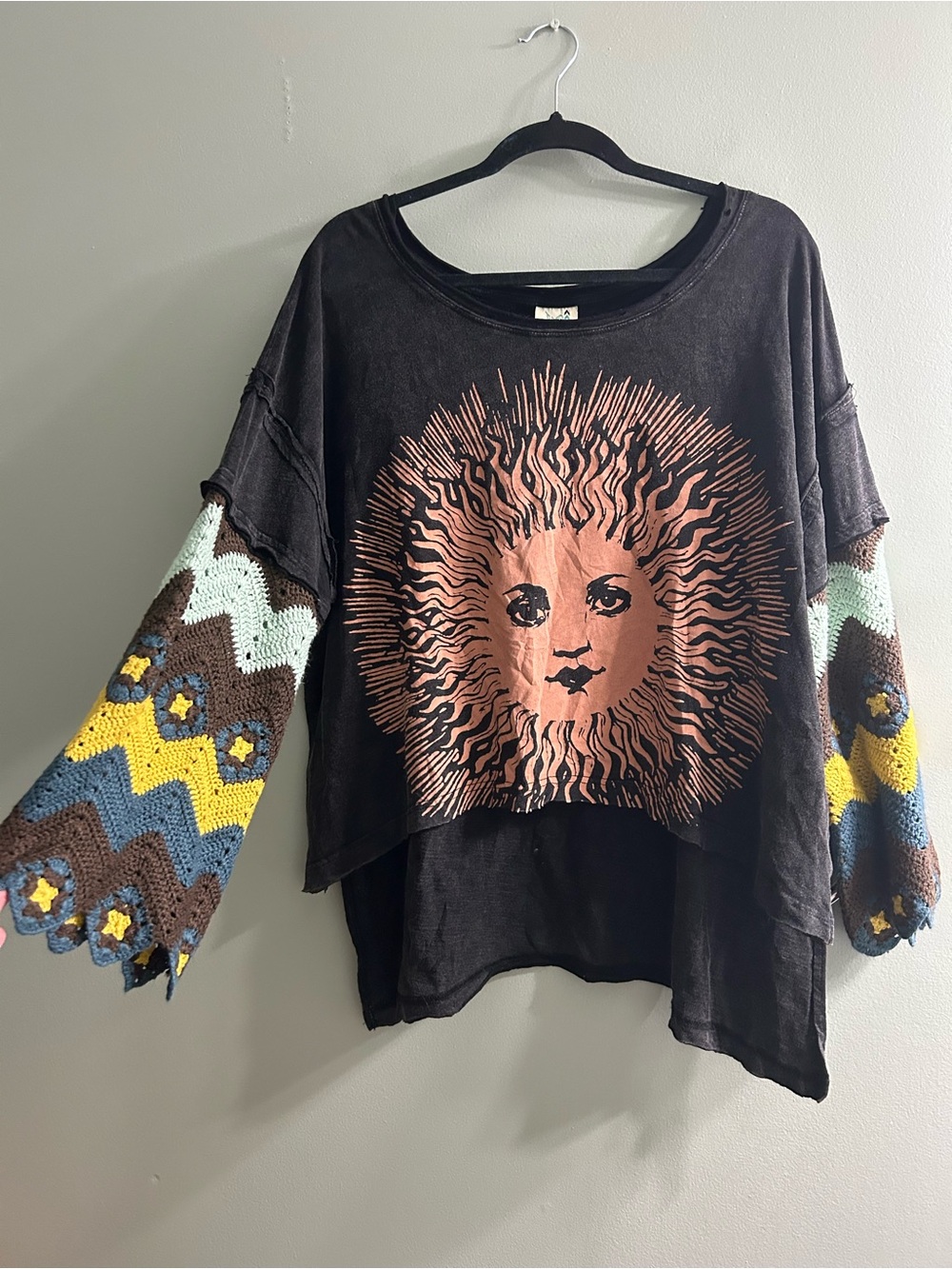 Jaded gypsy crochet sleeve oversized top sun boho distressed ptp 28”